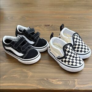 Vans Kids Black Velcro Sneakers & Black/White Checkerboard Slip-Ons